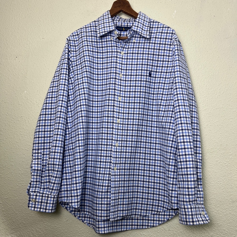 Ralph Lauren Blue Checkered Long Sleeve Button Down Shirt Mens Size Large